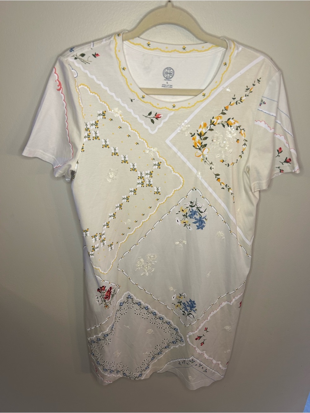 Tory Burch White Short-Sleeve Floral Patchwork Tee